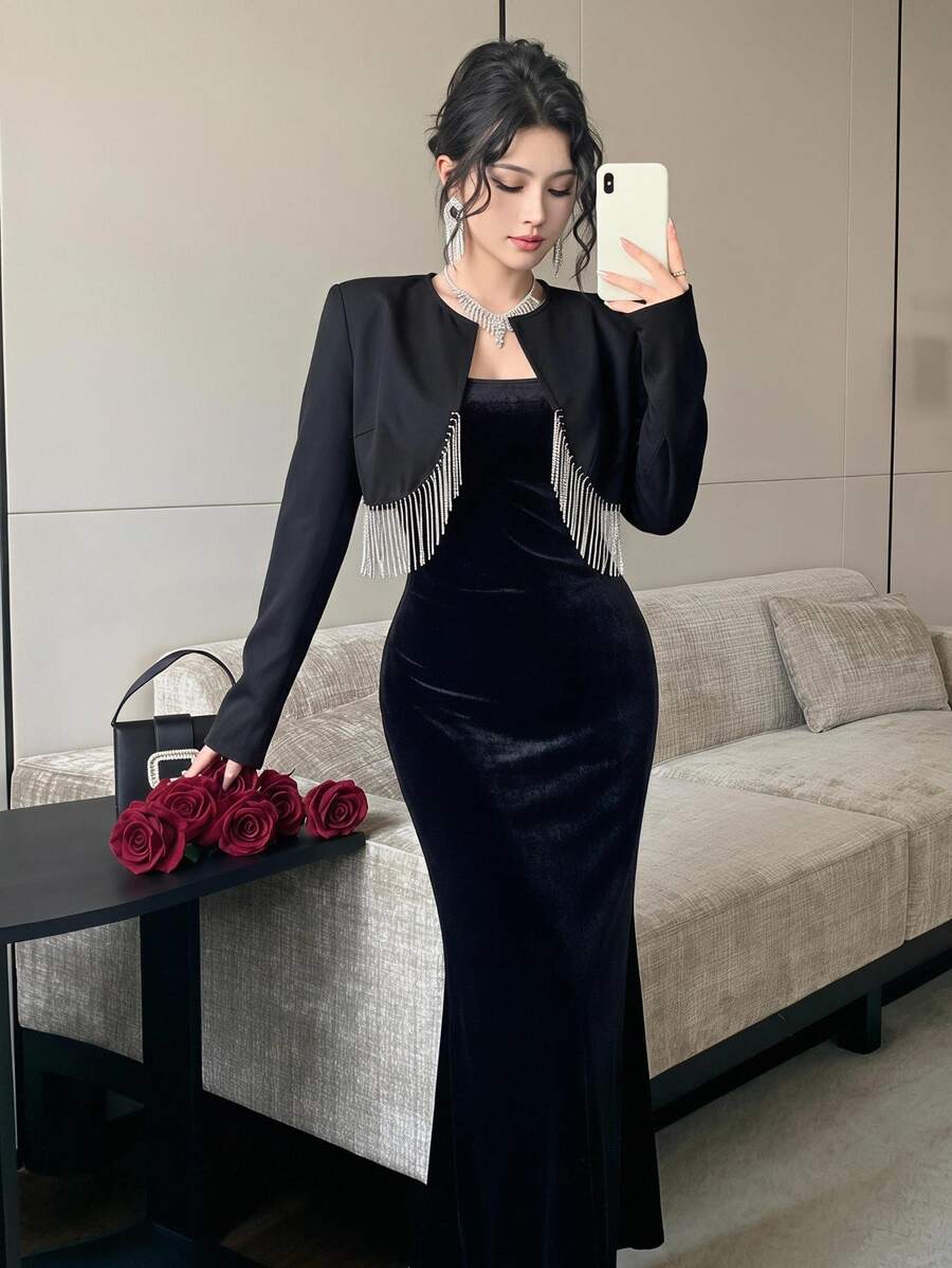 Feyla Women's Patchwork Rhinestone Tassel Open Front Jacket And Sleeveless Dress Elegant 2 Pieces Set - Black - View 1
