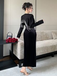 Feyla Women's Patchwork Rhinestone Tassel Open Front Jacket And Sleeveless Dress Elegant 2 Pieces Set - Black - View 2