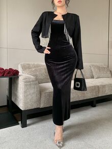 Feyla Women's Patchwork Rhinestone Tassel Open Front Jacket And Sleeveless Dress Elegant 2 Pieces Set - Black - View 4