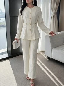 Feyla Women's Solid Color Long Sleeve Top And Pants Casual Daily 2 Pieces Set - Apricot - View 4