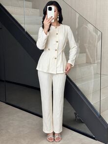 Feyla Women's Solid Color Long Sleeve Top And Pants Casual Daily 2 Pieces Set - Apricot - View 6