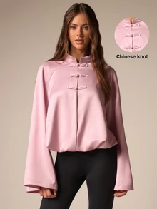 Athîral Women's Solid Color Stand-Up Collar, Long-Sleeved, New Chinese Style, Button-Down, Sporty And Casual Pink Jacket Women Fall Winter Casual Jacket - Pink - View 1