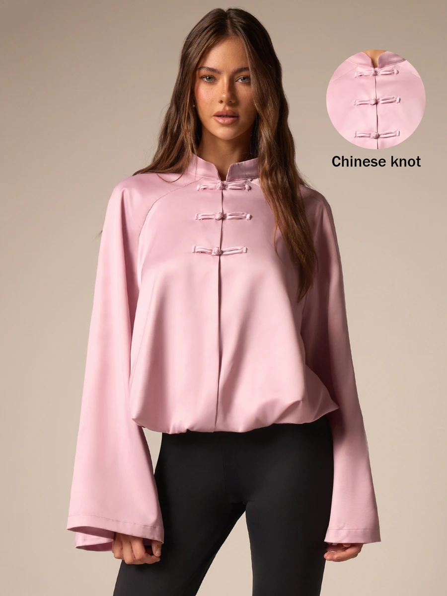 Athîral Women's Solid Color Stand-Up Collar, Long-Sleeved, New Chinese Style, Button-Down, Sporty And Casual Pink Jacket Women Fall Winter Casual Jacket - Pink - View 1