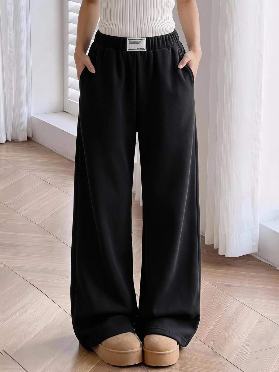 SHEIN Tween Girls' Relaxed Fit Wide Leg Casual Pocketed Black Polyester Lightweight Breathable Easy-Care Pants Embroidered Tag Accent Fall Activewear - Black - View 1