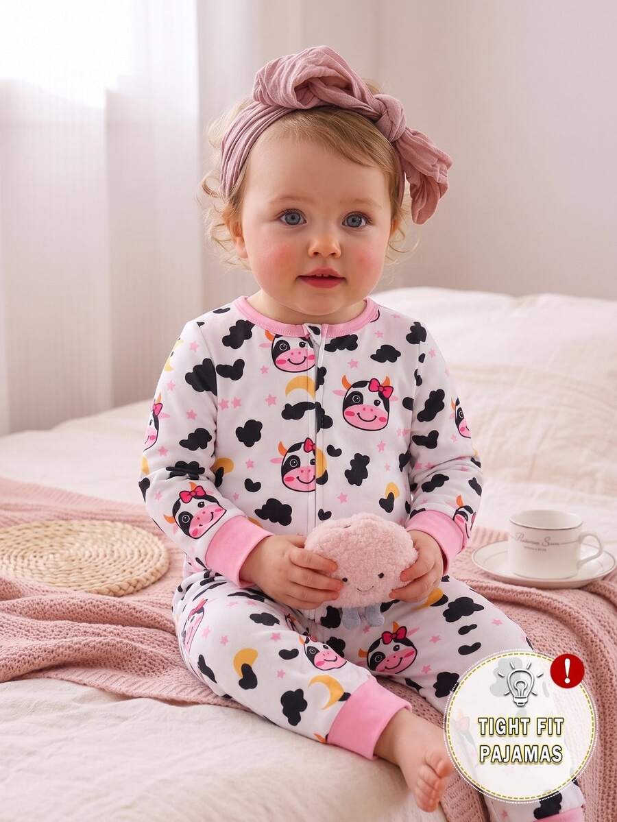 Infant Girls Snug Fit Footed Romper Sleepwear, White Long Sleeve Zippered Jumpsuit, Soft Skin-Friendly Fall// Home Loungewear Family Matching Casual