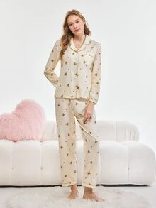 Bonmuse 2pcs Women Autumn/Winter Teddy Bear Heart Print Pajama Set, Long Sleeve Button Collar Top And Pants, Casual Sleepwear Homewear, Fall Clothesfor Summer - Apricot - View 4