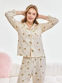 Bonmuse 2pcs Women Autumn/Winter Teddy Bear Heart Print Pajama Set, Long Sleeve Button Collar Top And Pants, Casual Sleepwear Homewear, Fall Clothesfor Summer - Apricot - View 6