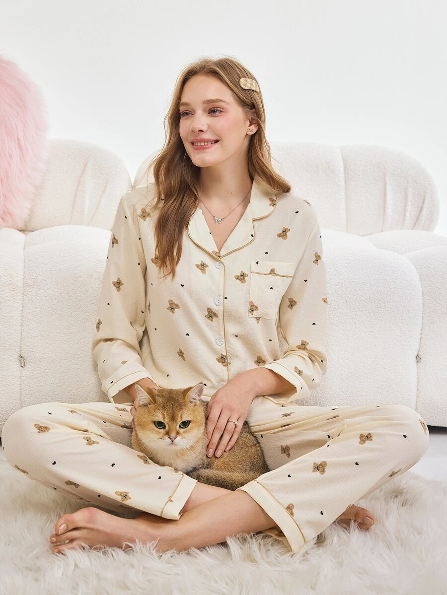 Bonmuse 2pcs Women Autumn/Winter Teddy Bear Heart Print Pajama Set, Long Sleeve Button Collar Top And Pants, Casual Sleepwear Homewear, Fall Clothesfor Summer - Apricot - View 1