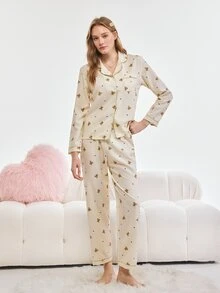 Bonmuse 2pcs Women Autumn/Winter Teddy Bear Heart Print Pajama Set, Long Sleeve Button Collar Top And Pants, Casual Sleepwear Homewear, Fall Clothesfor Summer - Apricot - View 3