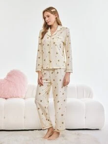 Bonmuse 2pcs Women Autumn/Winter Teddy Bear Heart Print Pajama Set, Long Sleeve Button Collar Top And Pants, Casual Sleepwear Homewear, Fall Clothesfor Summer - Apricot - View 5
