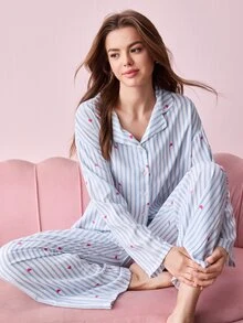 Bonmuse 2pcs Women Loose Comfortable Breathable Long Sleeve Top And Long Pants Pajama Set, Cute Home Wear, Fall & Winter Clothesfor Summer - Blue - View 2