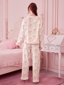 Bonmuse 2pcs Women Pajama Set, Ruffle Collar Button Front Shirt With Heart & Bow Print, Bow Decor Loose Fit Pants, Cute & Elegant, Suitable For Holidays, Parties, Vacation, Valentine's Day, Bridesmaid, Sleepwear, Winter Clothesfor Summer - Multicolor - View 2
