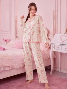 Bonmuse 2pcs Women Pajama Set, Ruffle Collar Button Front Shirt With Heart & Bow Print, Bow Decor Loose Fit Pants, Cute & Elegant, Suitable For Holidays, Parties, Vacation, Valentine's Day, Bridesmaid, Sleepwear, Winter Clothesfor Summer - Multicolor - View 3