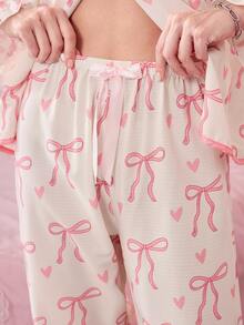 Bonmuse 2pcs Women Pajama Set, Ruffle Collar Button Front Shirt With Heart & Bow Print, Bow Decor Loose Fit Pants, Cute & Elegant, Suitable For Holidays, Parties, Vacation, Valentine's Day, Bridesmaid, Sleepwear, Winter Clothesfor Summer - Multicolor - View 7