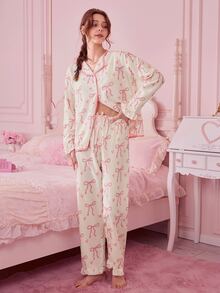 Bonmuse 2pcs Women Pajama Set, Ruffle Collar Button Front Shirt With Heart & Bow Print, Bow Decor Loose Fit Pants, Cute & Elegant, Suitable For Holidays, Parties, Vacation, Valentine's Day, Bridesmaid, Sleepwear, Winter Clothesfor Summer - Multicolor - View 6