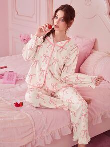 Bonmuse 2pcs Women Pajama Set, Ruffle Collar Button Front Shirt With Heart & Bow Print, Bow Decor Loose Fit Pants, Cute & Elegant, Suitable For Holidays, Parties, Vacation, Valentine's Day, Bridesmaid, Sleepwear, Winter Clothesfor Summer - Multicolor - View 8