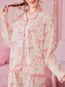Bonmuse 2pcs Women Pajama Set, Ruffle Collar Button Front Shirt With Heart & Bow Print, Bow Decor Loose Fit Pants, Cute & Elegant, Suitable For Holidays, Parties, Vacation, Valentine's Day, Bridesmaid, Sleepwear, Winter Clothesfor Summer - Multicolor - View 5