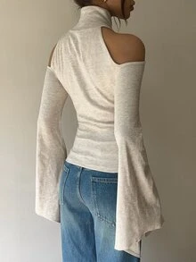 Siren Gaze Women's Solid Color High Neck Cold Shoulder Bell Sleeve Fitted Fashion Sexy Casual Elegant Top Going Out Brunch Night Out Beige Fall - Burgundy - View 6
