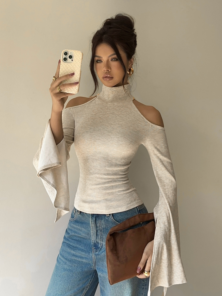 Siren Gaze 女款素色高領露肩喇叭袖修身時尚性感休閒優雅上衣，適合外出、早午餐、夜生活，米色，秋季 - 酒紅色 - 查看 4
