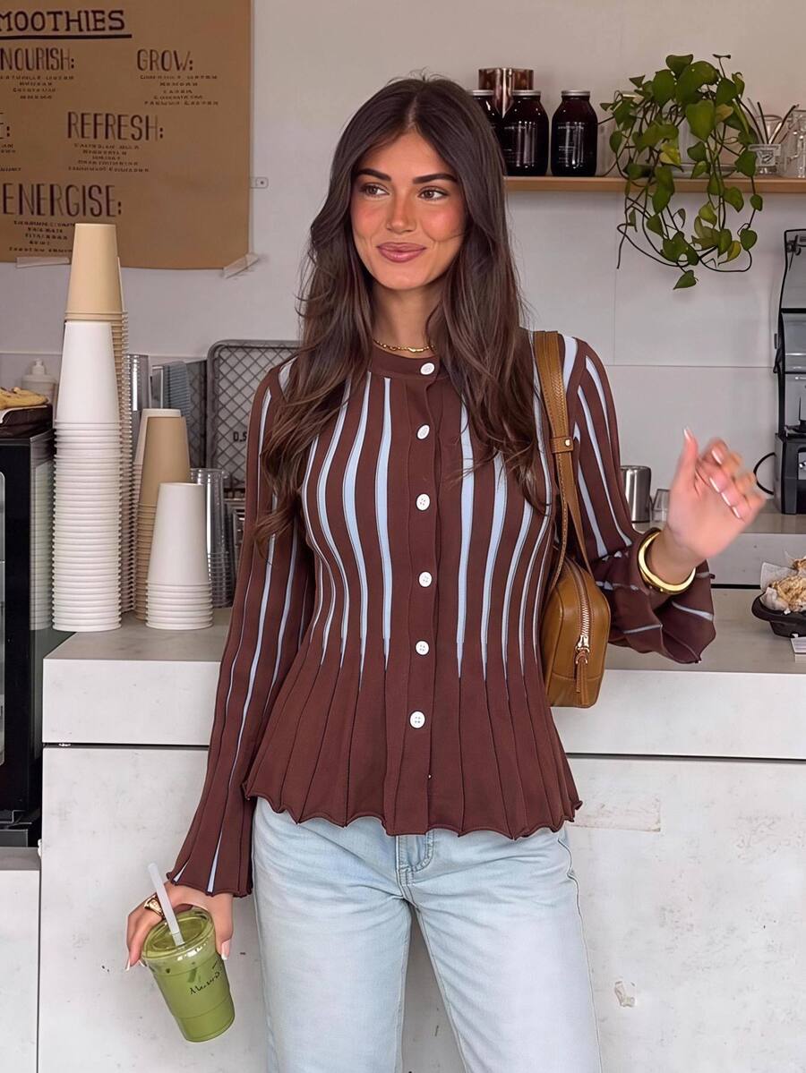 Siren Gaze Áo cardigan len dệt kim kẻ sọc mới cho nữ mùa Thu/Đông - màu nâu - Xem 1