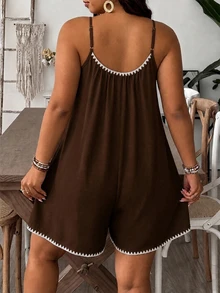 SHEIN VCAY Plus Size Women Floral Trim Casual Spaghetti Strap Romper, Suitable For Summer - Brown - View 3