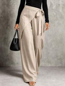 SHEIN Women's Autumn/Winter Elegant Casual Commute Design Patchwork Tie Loose Wide Leg Khaki Long Pants - Khaki - View 3
