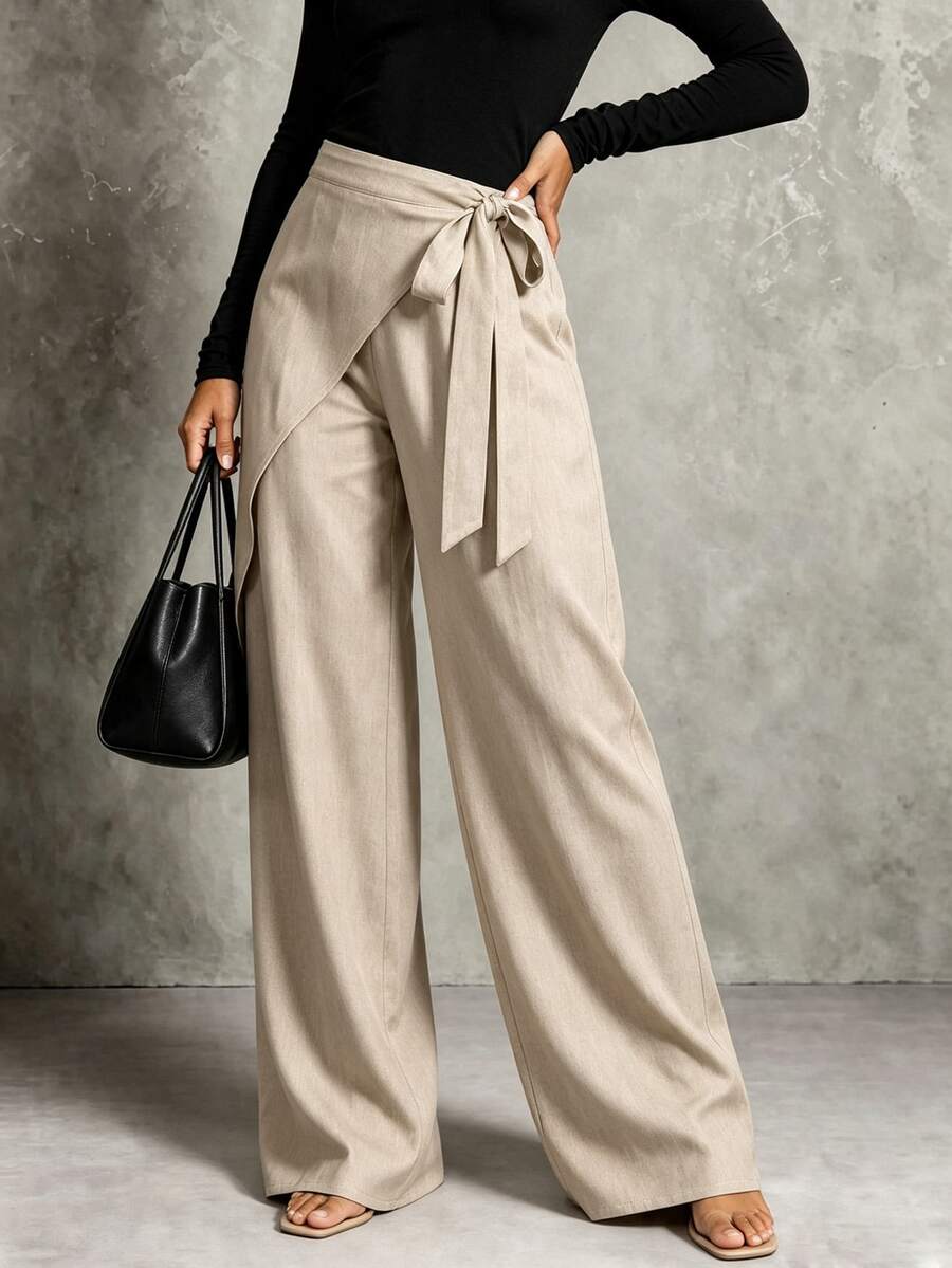 SHEIN Women's Autumn/Winter Elegant Casual Commute Design Patchwork Tie Loose Wide Leg Khaki Long Pants - Khaki - View 1