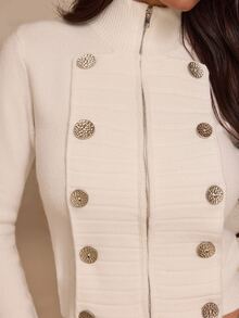 Glamine Áo cardigan len nữ mùa thu màu trắng ngà, trang trí cúc ếch, khóa kéo, cổ đứng, tay dài, cổ tay lông xù, kiểu Napoleon Western cho nữ - trắng - Xem 6