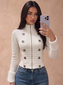 Glamine Áo cardigan len nữ mùa thu màu trắng ngà, trang trí cúc ếch, khóa kéo, cổ đứng, tay dài, cổ tay lông xù, kiểu Napoleon Western cho nữ - trắng - Xem 1