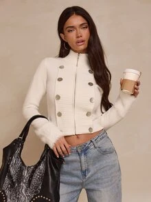 Glamine Áo cardigan len nữ mùa thu màu trắng ngà, trang trí cúc ếch, khóa kéo, cổ đứng, tay dài, cổ tay lông xù, kiểu Napoleon Western cho nữ - trắng - Xem 8