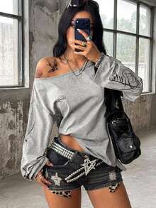 Coolane Women's Fall/Winter Streetwear Casual Going Out Knit Grey Asymmetrical Neck Long Sleeve T-Shirt,Casual Date Night Outfits,Graphics Tees - Light Grey - View 2