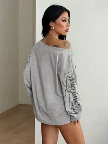 Coolane Women's Fall/Winter Streetwear Casual Going Out Knit Grey Asymmetrical Neck Long Sleeve T-Shirt,Casual Date Night Outfits,Graphics Tees - Light Grey - View 3