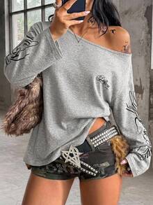 Coolane Women's Fall/Winter Streetwear Casual Going Out Knit Grey Asymmetrical Neck Long Sleeve T-Shirt,Casual Date Night Outfits,Graphics Tees - Light Grey - View 4