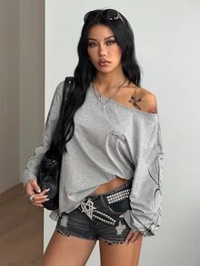 Coolane Women's Fall/Winter Streetwear Casual Going Out Knit Grey Asymmetrical Neck Long Sleeve T-Shirt,Casual Date Night Outfits,Graphics Tees - Light Grey - View 6