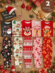 Tween女孩休閒可愛趣味卡通聖誕雪人、鹿、雪花、聖誕樹、聖誕老人、雪人、薑餅人圖案，黑色，節慶風，短袖長褲居家服，貼身聖誕睡衣，HOHO，秋季 - 彩色 - 查看 2