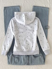 SHEIN Tween女孩兒童連帽黑白波點字母印花前開襟拉鍊運動衫 開學季秋冬款 - 淺灰色 - 查看 2