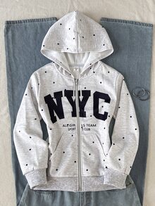 SHEIN Tween女孩兒童連帽黑白波點字母印花前開襟拉鍊運動衫 開學季秋冬款 - 淺灰色 - 查看 6
