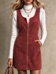 LanaWest Autumn Vintage Rust Red Early Autumn Zipper Slimming Straight Short Tank Dress With Pockets - Red - View 4