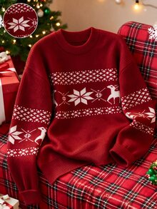 SHEIN Áo len chui đầu dệt jacquard họa tiết bông tuyết cổ tròn cho nữ, màu đỏ trắng lễ hội, tay dài - Đỏ - Xem 5