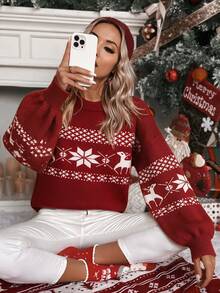 SHEIN Áo len chui đầu dệt jacquard họa tiết bông tuyết cổ tròn cho nữ, màu đỏ trắng lễ hội, tay dài - Đỏ - Xem 1