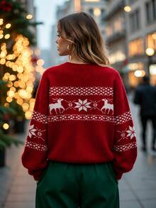 SHEIN Áo len chui đầu dệt jacquard họa tiết bông tuyết cổ tròn cho nữ, màu đỏ trắng lễ hội, tay dài - Đỏ - Xem 3