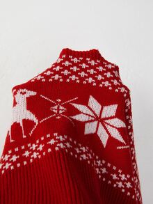 SHEIN Áo len chui đầu dệt jacquard họa tiết bông tuyết cổ tròn cho nữ, màu đỏ trắng lễ hội, tay dài - Đỏ - Xem 6