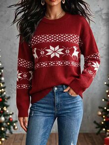 SHEIN Áo len chui đầu dệt jacquard họa tiết bông tuyết cổ tròn cho nữ, màu đỏ trắng lễ hội, tay dài - Đỏ - Xem 2