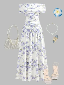 Pitira Kids Teen Girls Floral Print Off-Shoulder Ruched Maxi Dress,White Summer Elegant Flowy Party Gown,Vintage Prom Graduation Beach Holiday Wedding Guest - Multicolor - View 3
