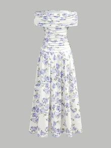 Pitira Kids Teen Girls Floral Print Off-Shoulder Ruched Maxi Dress,White Summer Elegant Flowy Party Gown,Vintage Prom Graduation Beach Holiday Wedding Guest - Multicolor - View 2