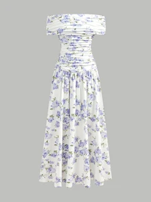 Pitira Kids Teen Girls Floral Print Off-Shoulder Ruched Maxi Dress,White Summer Elegant Flowy Party Gown,Vintage Prom Graduation Beach Holiday Wedding Guest - Multicolor - View 6