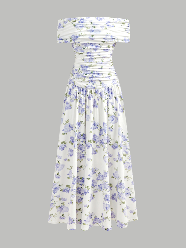Pitira Kids Teen Girls Floral Print Off-Shoulder Ruched Maxi Dress,White Summer Elegant Flowy Party Gown,Vintage Prom Graduation Beach Holiday Wedding Guest - Multicolor - View 6