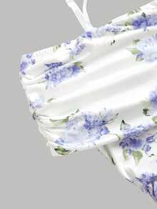 Pitira Kids Teen Girls Floral Print Off-Shoulder Ruched Maxi Dress,White Summer Elegant Flowy Party Gown,Vintage Prom Graduation Beach Holiday Wedding Guest - Multicolor - View 7