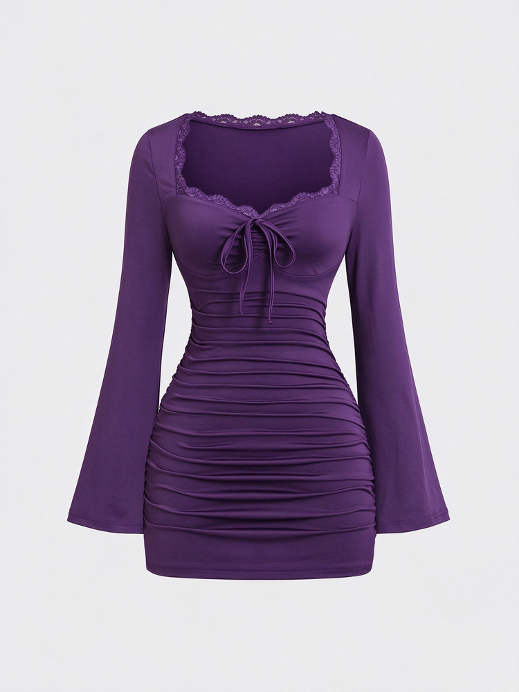 Sweetra Women's Square Neck Contrast Lace Trim Flare Long Sleeve Fitted Ruched Short Dress, Casual Daily, Minimalist Sexy Elegant Style - Purple - View 1