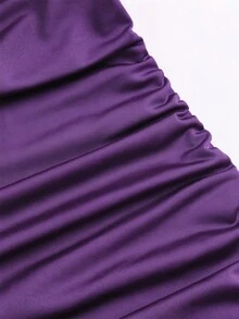 Sweetra 女款方領對比蕾絲飾邊喇叭袖修身抓皺短洋裝，休閒日常，極簡性感優雅風 - 紫色 - 查看 4